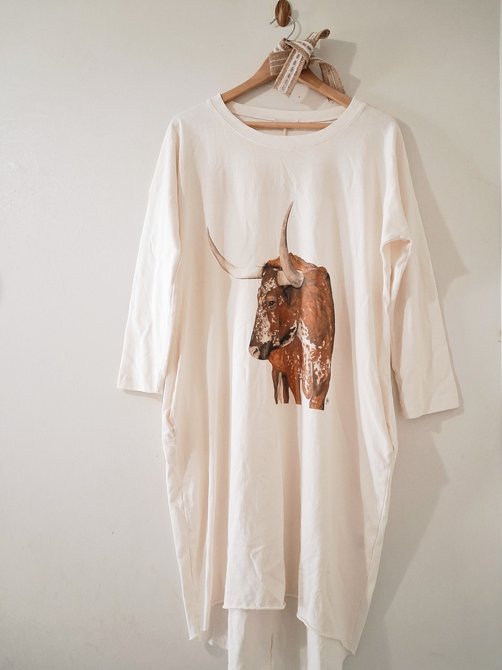 I Love Linen Country Comfort Cream Longhorn Painted Western Tunic Tee Dress OSFM